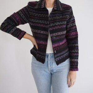 VTG First Option Petite Stripe Knit Jacket Mohair Blend Cabincore Grandmacore PL